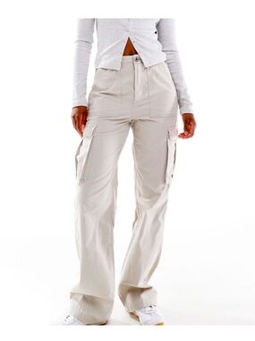 BERSHKA Cargo Straight Pants with Adjustable straps on Waist in Light Beige